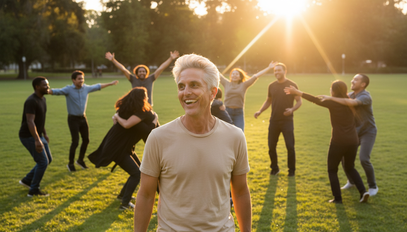 Beau laughing with friends at a golden hour gathering